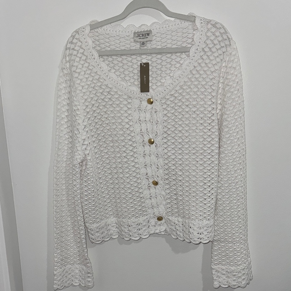 J. Crew White Button-Up Crochet Cardigan with gold buttons.
